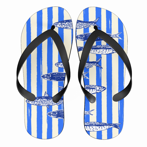 Minimalist Sardines on Blue Stripes - funny flip flops by EZbie