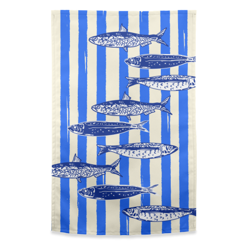 Minimalist Sardines on Blue Stripes - funny tea towel by EZbie