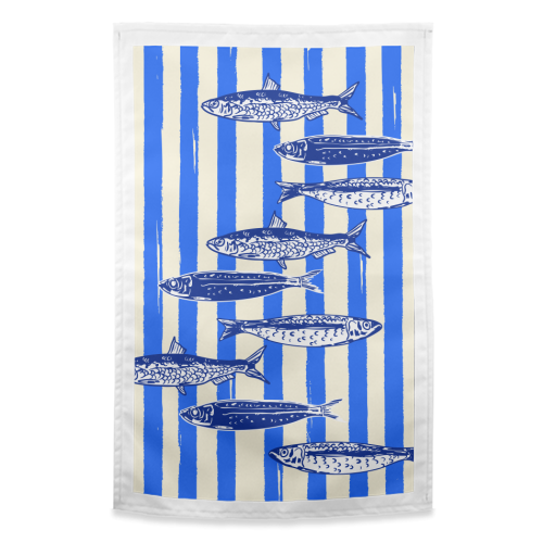 Minimalist Sardines on Blue Stripes - funny tea towel by EZbie