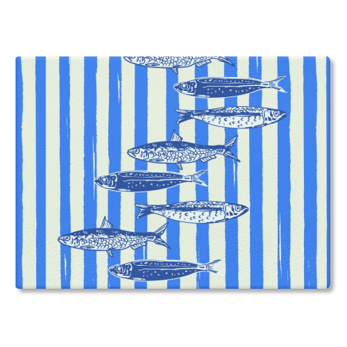 Minimalist Sardines on Blue Stripes - glass chopping board by EZbie