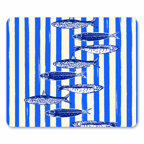 Minimalist Sardines on Blue Stripes - mouse mat by EZbie