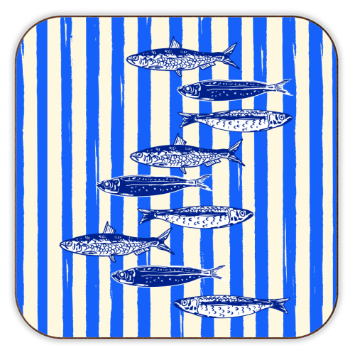Minimalist Sardines on Blue Stripes - personalised beer coaster by EZbie