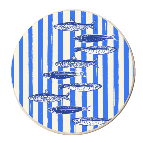 Minimalist Sardines on Blue Stripes - personalised beer coaster by EZbie