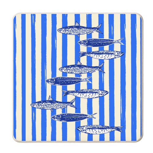Minimalist Sardines on Blue Stripes - personalised beer coaster by EZbie