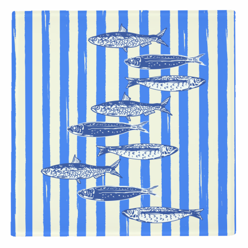 Minimalist Sardines on Blue Stripes - personalised beer coaster by EZbie