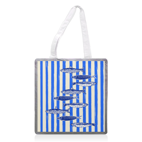 Minimalist Sardines on Blue Stripes - printed canvas tote bag by EZbie