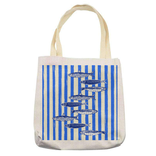 Minimalist Sardines on Blue Stripes - printed canvas tote bag by EZbie