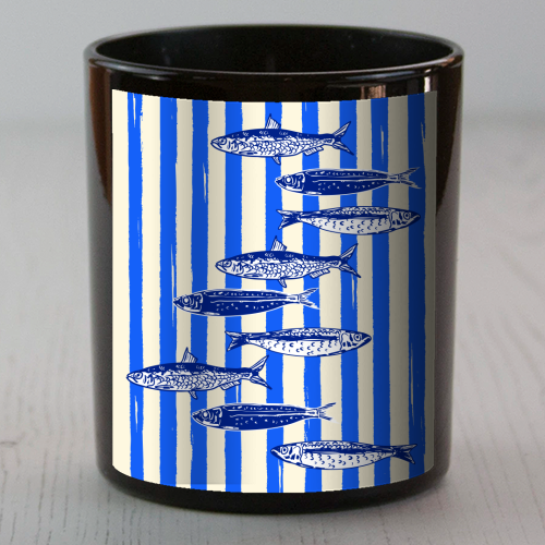 Minimalist Sardines on Blue Stripes - scented candle by EZbie