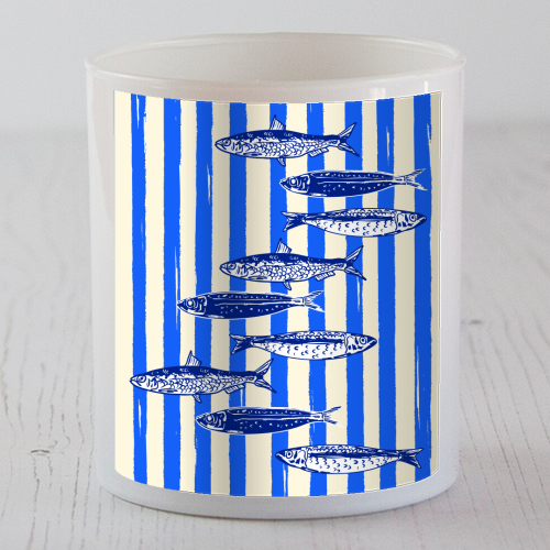 Minimalist Sardines on Blue Stripes - scented candle by EZbie