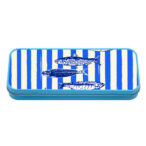 Minimalist Sardines on Blue Stripes - tin pencil case by EZbie