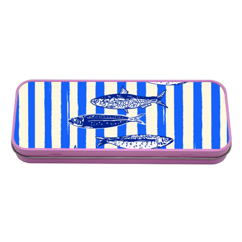 Minimalist Sardines on Blue Stripes - tin pencil case by EZbie