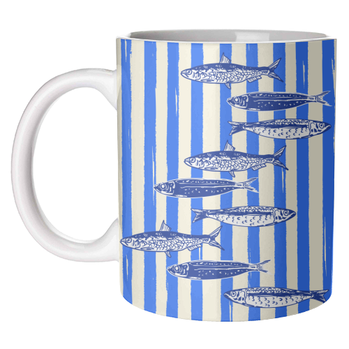 Minimalist Sardines on Blue Stripes - unique mug by EZbie