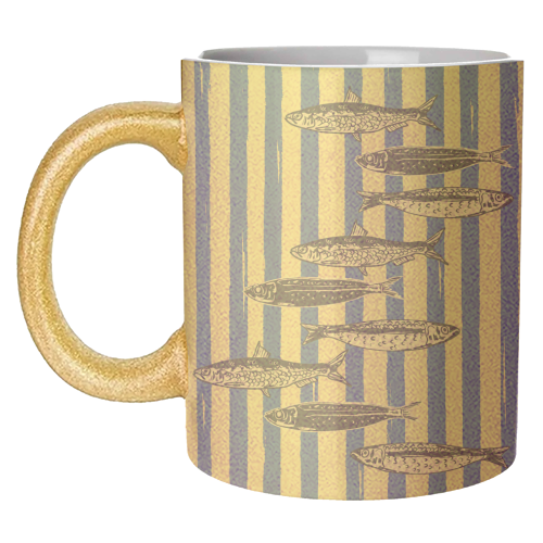 Minimalist Sardines on Blue Stripes - unique mug by EZbie