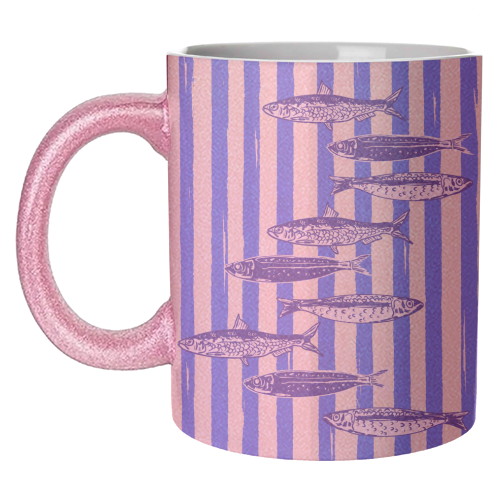 Minimalist Sardines on Blue Stripes - unique mug by EZbie