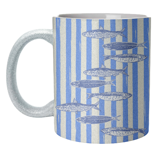 Minimalist Sardines on Blue Stripes - unique mug by EZbie