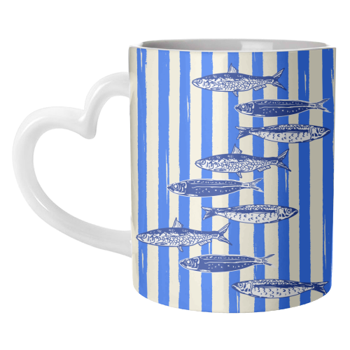 Minimalist Sardines on Blue Stripes - unique mug by EZbie