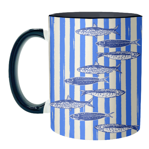 Minimalist Sardines on Blue Stripes - unique mug by EZbie