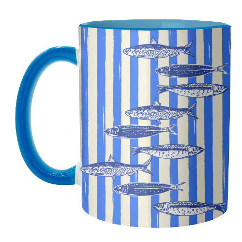 Minimalist Sardines on Blue Stripes - unique mug by EZbie