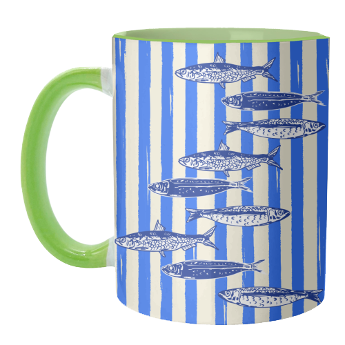 Minimalist Sardines on Blue Stripes - unique mug by EZbie