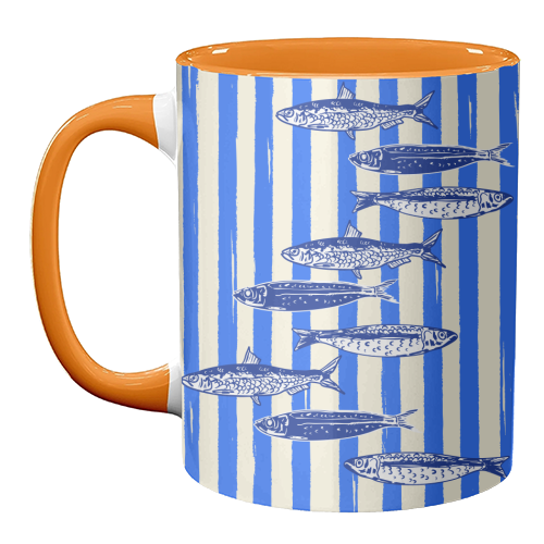 Minimalist Sardines on Blue Stripes - unique mug by EZbie
