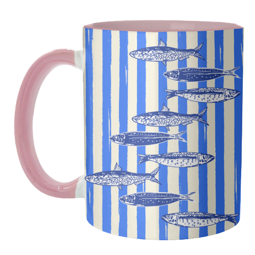 Minimalist Sardines on Blue Stripes - unique mug by EZbie