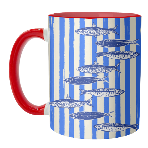 Minimalist Sardines on Blue Stripes - unique mug by EZbie