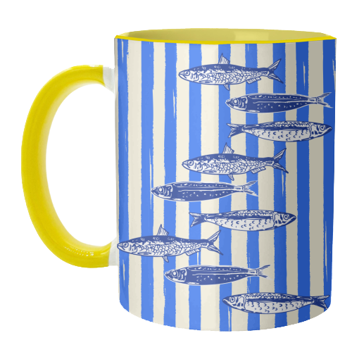 Minimalist Sardines on Blue Stripes - unique mug by EZbie