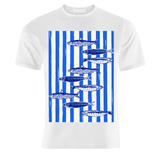 Minimalist Sardines on Blue Stripes - unique t shirt by EZbie