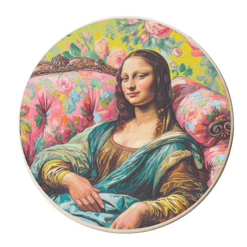 Mona Lisa laying on sofa - personalised beer coaster by DejaReve