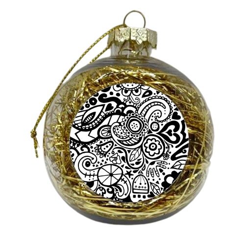 Monochrome Folk Doodle - xmas bauble by Cassie Swindlehurst