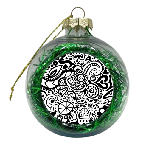 Monochrome Folk Doodle - xmas bauble by Cassie Swindlehurst