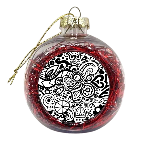 Monochrome Folk Doodle - xmas bauble by Cassie Swindlehurst