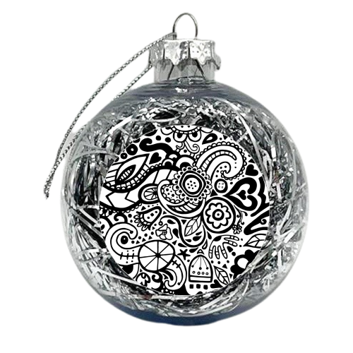 Monochrome Folk Doodle - xmas bauble by Cassie Swindlehurst