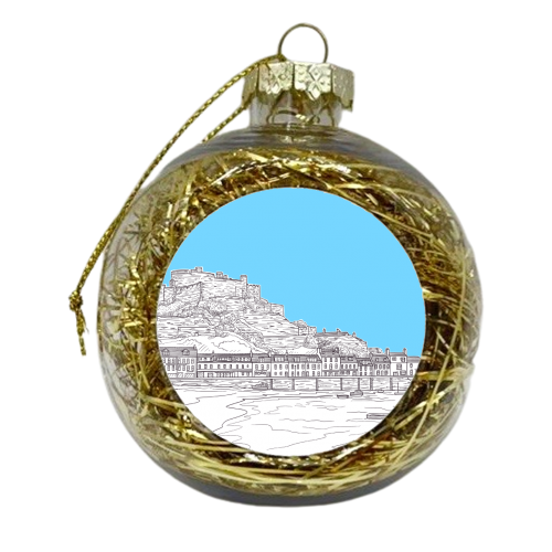 Mont Orgueil Castle, Jersey Drawing (pale blue background) - xmas bauble by Adam Regester