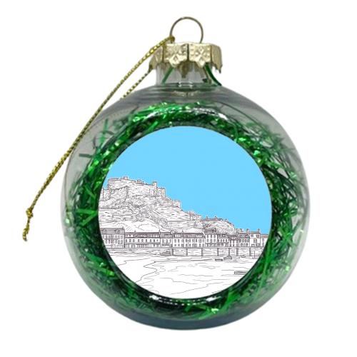 Mont Orgueil Castle, Jersey Drawing (pale blue background) - xmas bauble by Adam Regester