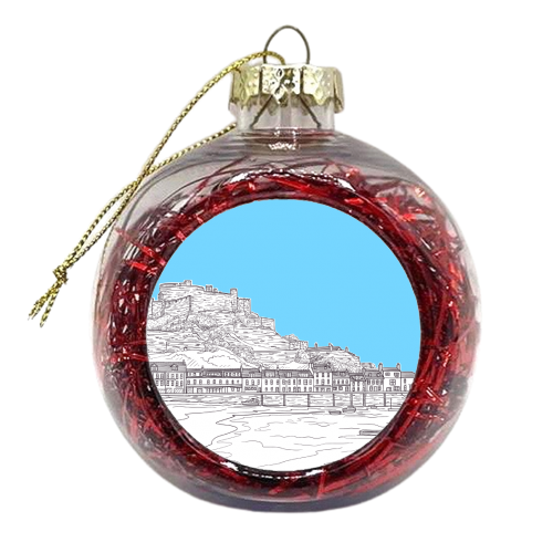 Mont Orgueil Castle, Jersey Drawing (pale blue background) - xmas bauble by Adam Regester