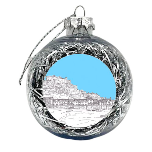 Mont Orgueil Castle, Jersey Drawing (pale blue background) - xmas bauble by Adam Regester