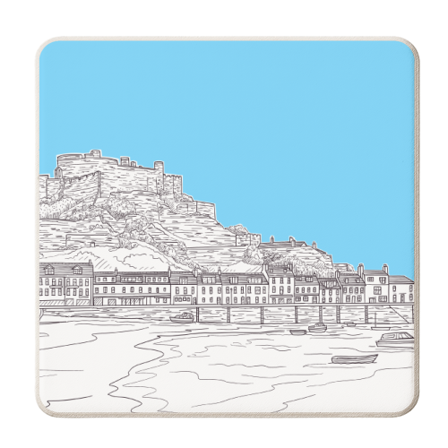 Mont Orgueil Castle, Jersey Drawing (pale blue background) - personalised beer coaster by Adam Regester