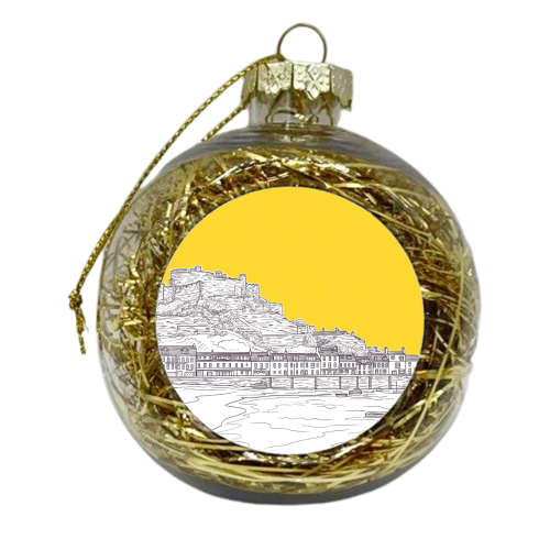 Mont Orgueil Castle, Jersey Illustration (with yellow colour pop) - xmas bauble by Adam Regester