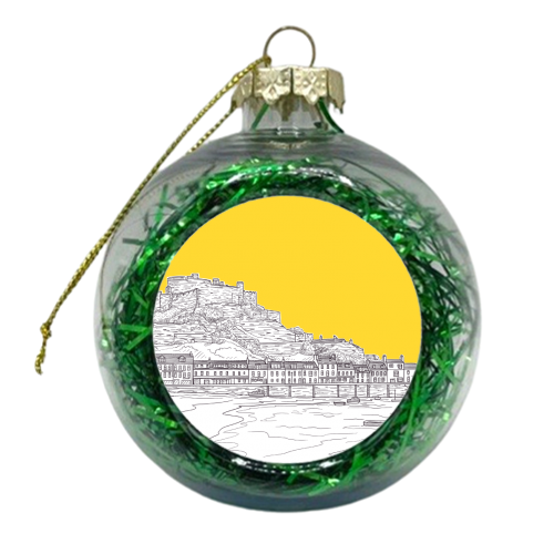 Mont Orgueil Castle, Jersey Illustration (with yellow colour pop) - xmas bauble by Adam Regester