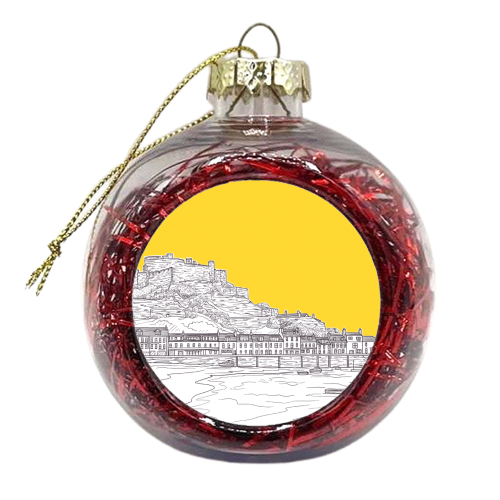 Mont Orgueil Castle, Jersey Illustration (with yellow colour pop) - xmas bauble by Adam Regester