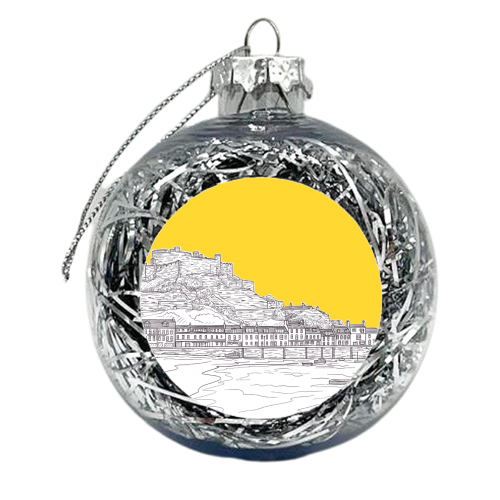 Mont Orgueil Castle, Jersey Illustration (with yellow colour pop) - xmas bauble by Adam Regester