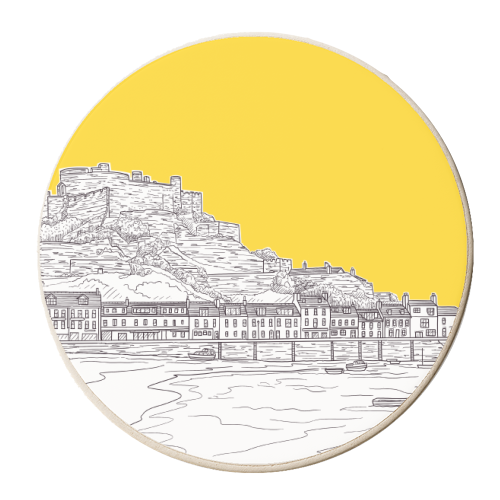 Mont Orgueil Castle, Jersey Illustration (with yellow colour pop) - personalised beer coaster by Adam Regester