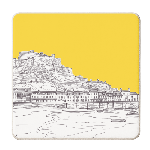 Mont Orgueil Castle, Jersey Illustration (with yellow colour pop) - personalised beer coaster by Adam Regester