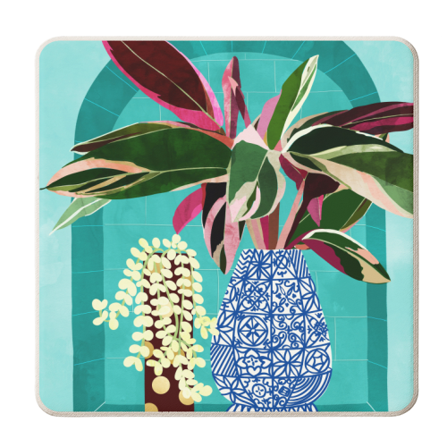 Moroccan Shelfie | Tropical Teal Plants Botanical | Exotic Modern Bohemian Eclectic Décor - personalised beer coaster by Uma Prabhakar Gokhale