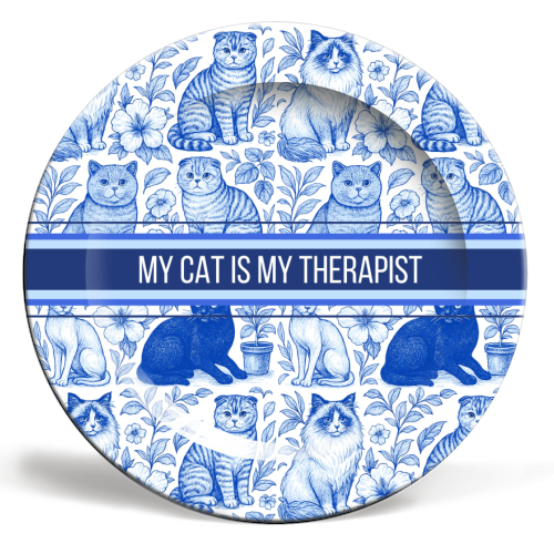 My Cat Is My Therapist toile - ceramic dinner plate by Lilly Rose