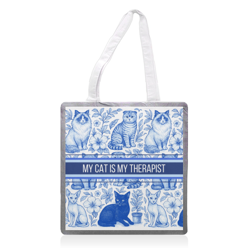 My Cat Is My Therapist toile - printed canvas tote bag by Lilly Rose