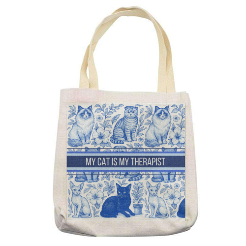 My Cat Is My Therapist toile - printed canvas tote bag by Lilly Rose