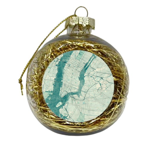 New York Map Blue Vintage - xmas bauble by City Art Posters