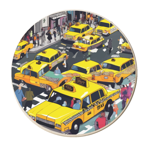 New York Minute, Yellow Taxi Cab Manhattan Downtown Busy Street, Traffic People Buildings Times Square Eclectic Road Architecture - personalised beer coaster by Uma Prabhakar Gokhale